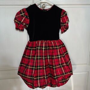 Vintage Girls Holiday Plaid Dress Black Velveteen Bodice Pouf Skirt Christmas